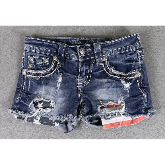 Miss Me Pants - Miss Me Shorts Womens 24 Blue Signature American Flag Rhinestone Studded Cutoff